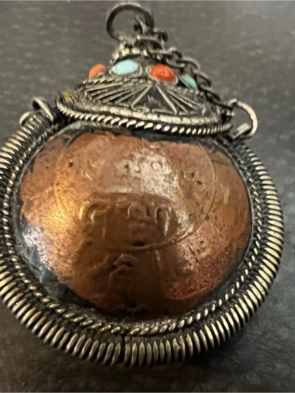 Handcrafted Copper and Silver Pendant with Turquoise and Coral Accents